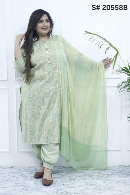 [Ready SG Stock 5 Colors- Size 3XL to 6XL] Soft Self Shine Musline Cotton Plus Size 3 Pcs Punjabi Suit With Afgani Pant & Chiffon Dupatta- Indian Dresses