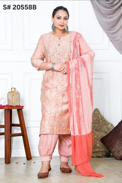 [Ready SG Stock 5 Colors- Size 3XL to 6XL] Soft Self Shine Musline Cotton Plus Size 3 Pcs Punjabi Suit With Afgani Pant & Chiffon Dupatta- Indian Dresses