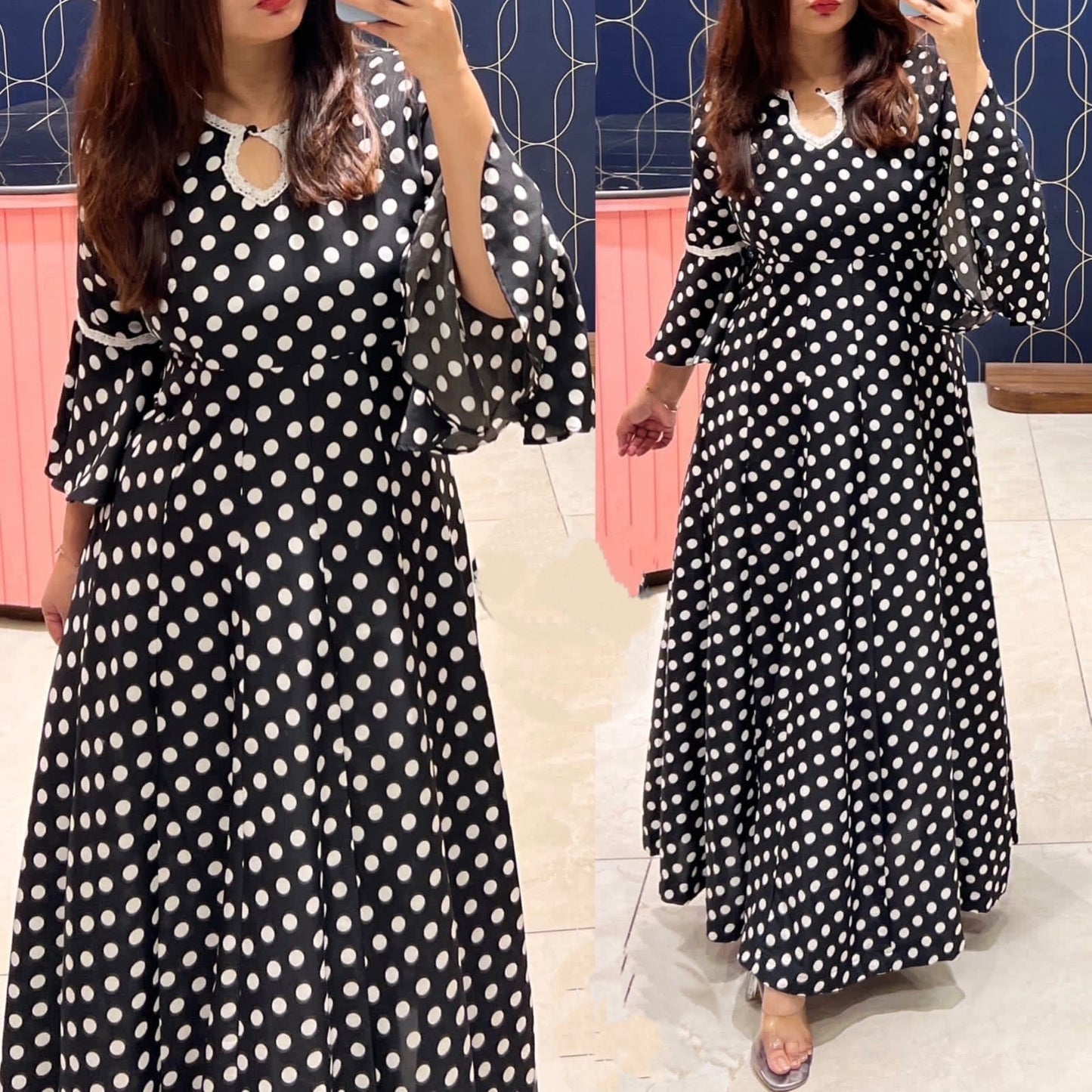 [Ready SG Stock] Beautiful Polka dots Rayon Long Anarkali Gown with Flared Sleeves- Indian Dresses