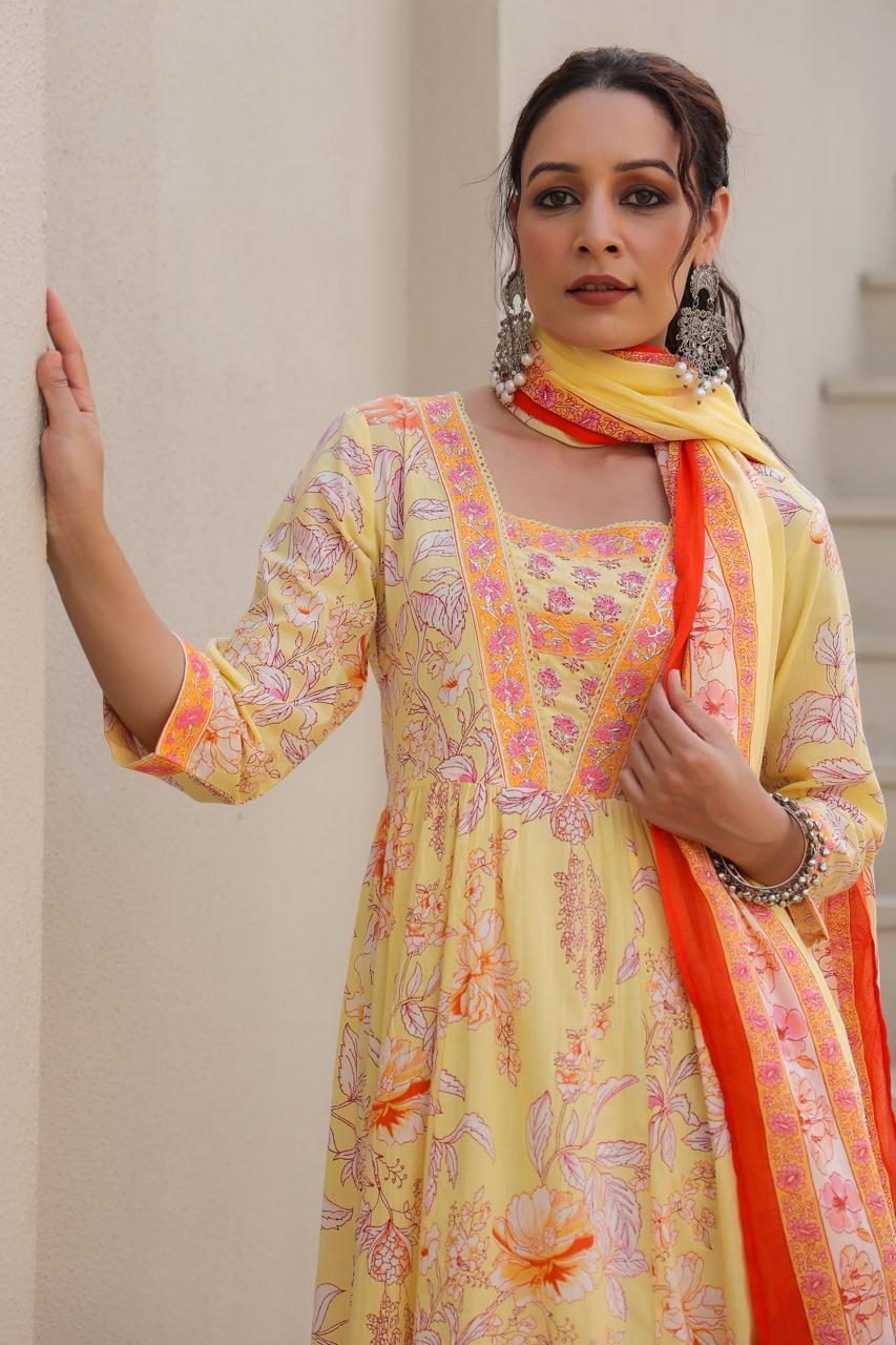 [Ready SG Stock] Yellow Floral Pure Cotton Alia Style Anarkali Punjabi Suit with Dupatta 3 Pcs Set [ Indian Dresses ]