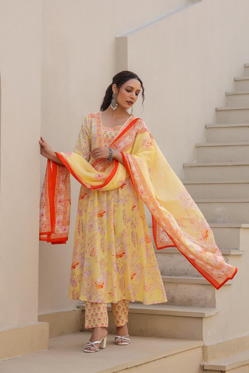 [Ready SG Stock] Yellow Floral Pure Cotton Alia Style Anarkali Punjabi Suit with Dupatta 3 Pcs Set [ Indian Dresses ]