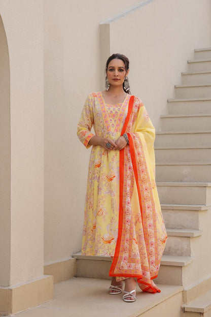 [Ready SG Stock] Yellow Floral Pure Cotton Alia Style Anarkali Punjabi Suit with Dupatta 3 Pcs Set [ Indian Dresses ]