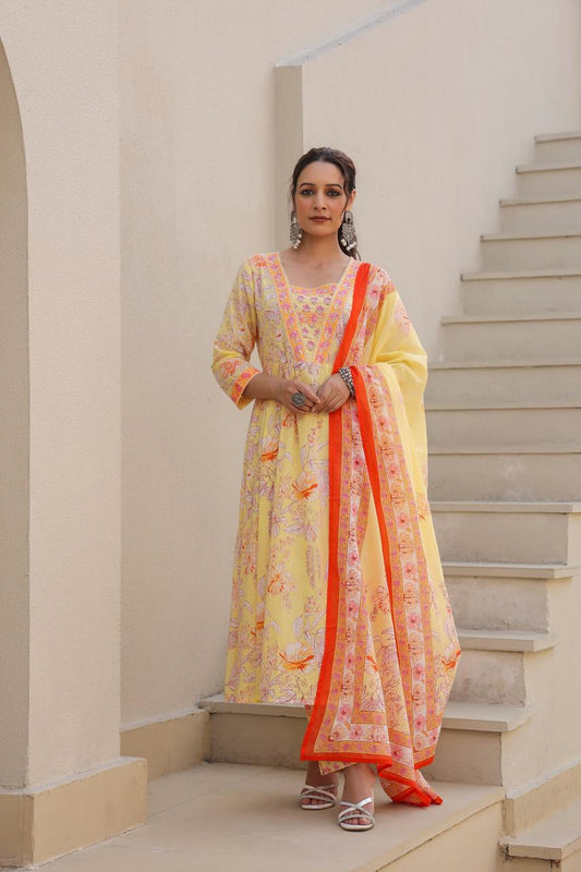 [Ready SG Stock] Yellow Floral Pure Cotton Alia Style Anarkali Punjabi Suit with Dupatta 3 Pcs Set [ Indian Dresses ]