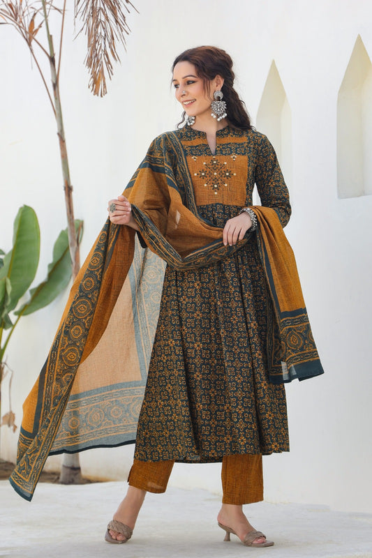 [Ready SG Stock] Trendy Pure Cotton Mustard Anarkali Punjabi 3 Pcs Suit with Dupatta 3 Pcs [ Indian Dresses ]