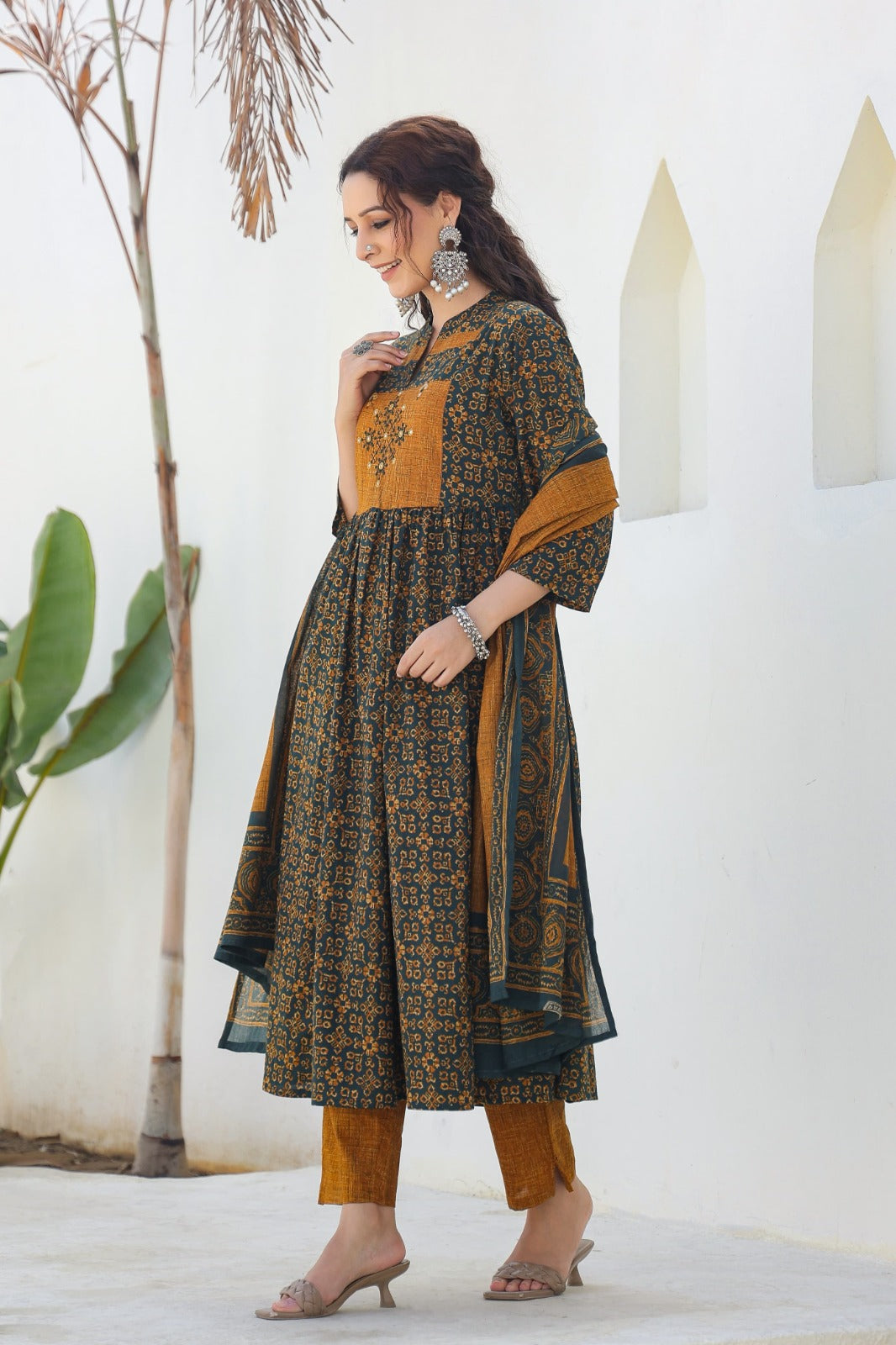 [Ready SG Stock] Trendy Pure Cotton Mustard Anarkali Punjabi 3 Pcs Suit with Dupatta 3 Pcs [ Indian Dresses ]