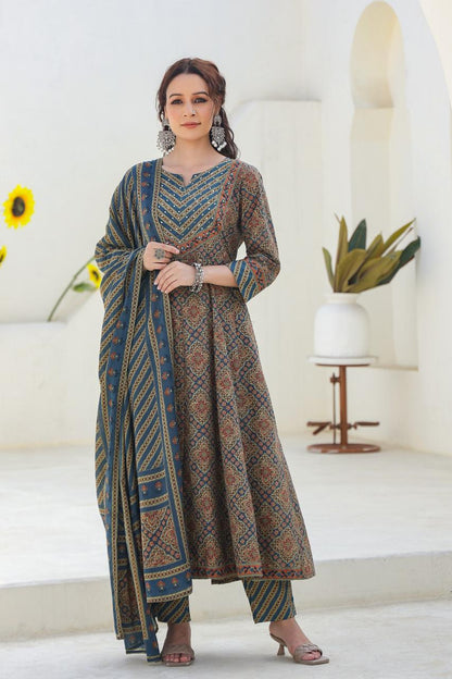 [Ready SG Stock] Earthy Peacock Green Pure Cotton Anarkali 3 Pcs Punjabi Suit with Dupatta [ Indian Dresses ]