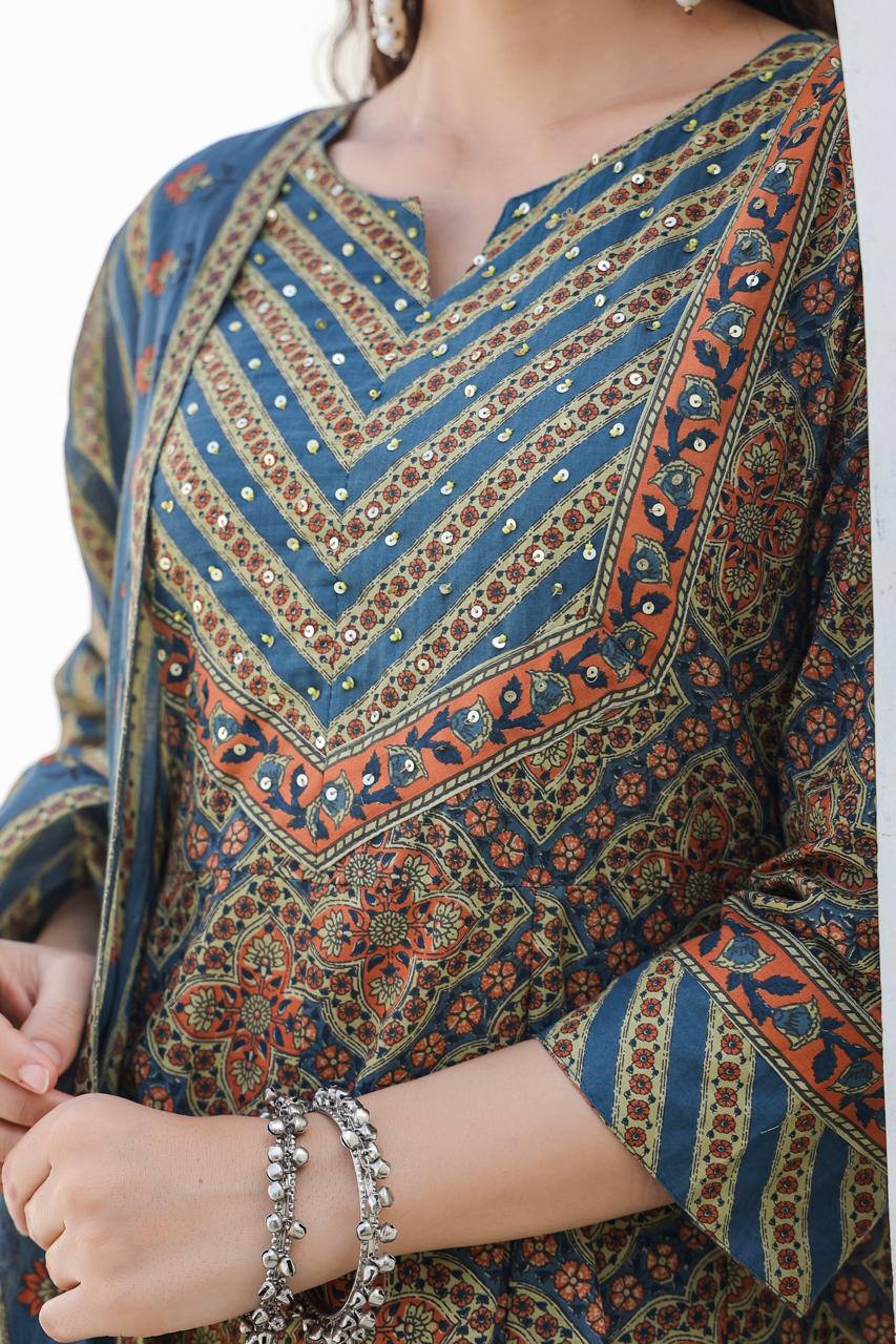 [Ready SG Stock] Earthy Peacock Green Pure Cotton Anarkali 3 Pcs Punjabi Suit with Dupatta [ Indian Dresses ]