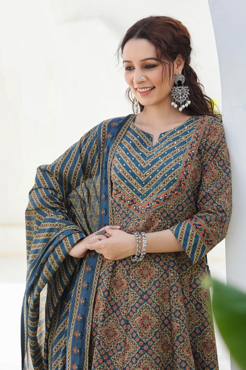 [Ready SG Stock] Earthy Peacock Green Pure Cotton Anarkali 3 Pcs Punjabi Suit with Dupatta [ Indian Dresses ]