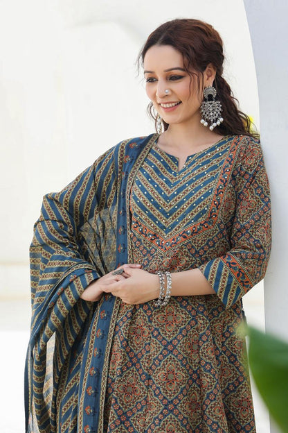 [Ready SG Stock] Earthy Peacock Green Pure Cotton Anarkali 3 Pcs Punjabi Suit with Dupatta [ Indian Dresses ]