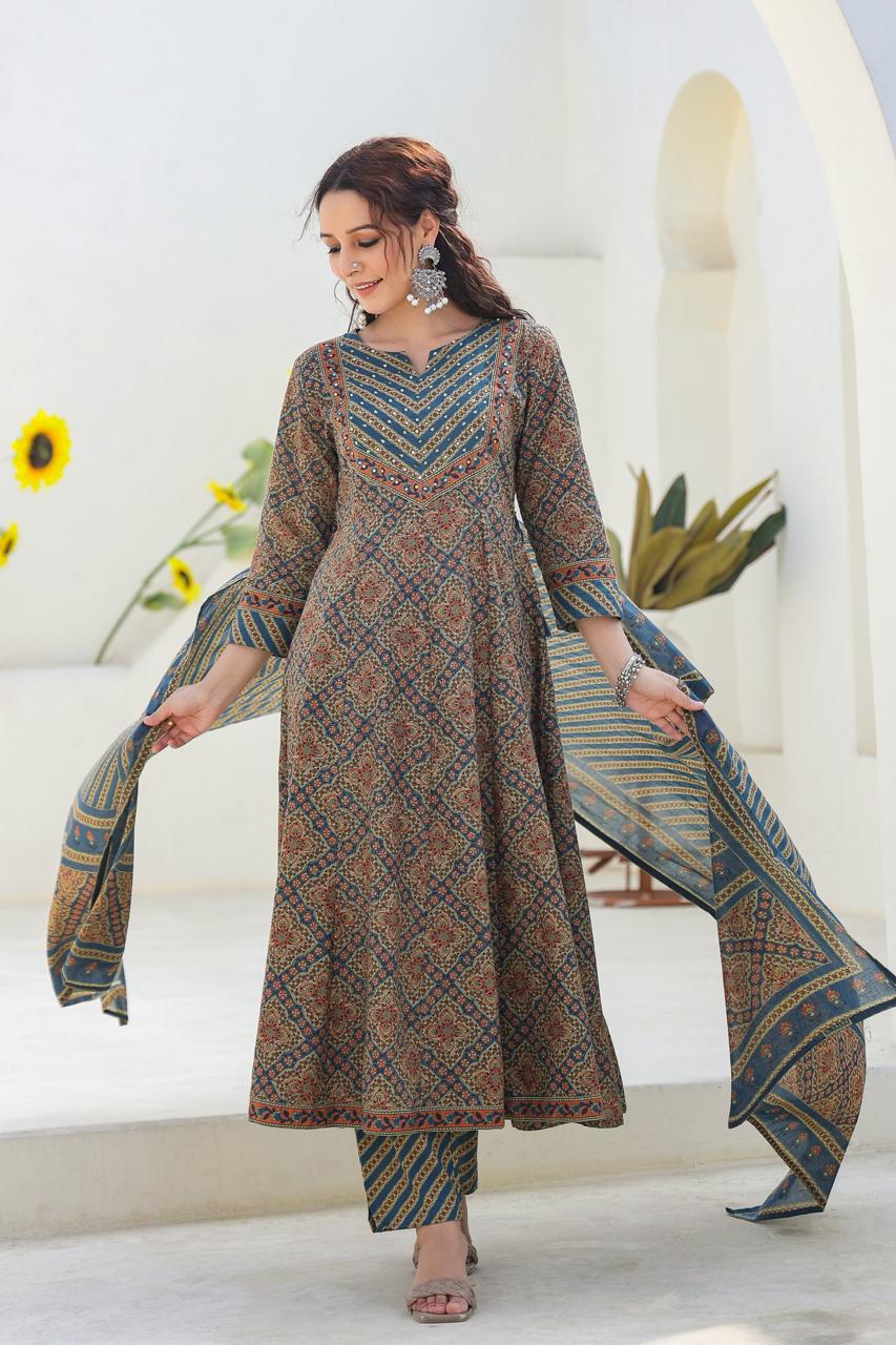 [Ready SG Stock] Earthy Peacock Green Pure Cotton Anarkali 3 Pcs Punjabi Suit with Dupatta [ Indian Dresses ]