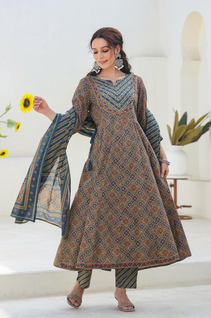 [Ready SG Stock] Earthy Peacock Green Pure Cotton Anarkali 3 Pcs Punjabi Suit with Dupatta [ Indian Dresses ]