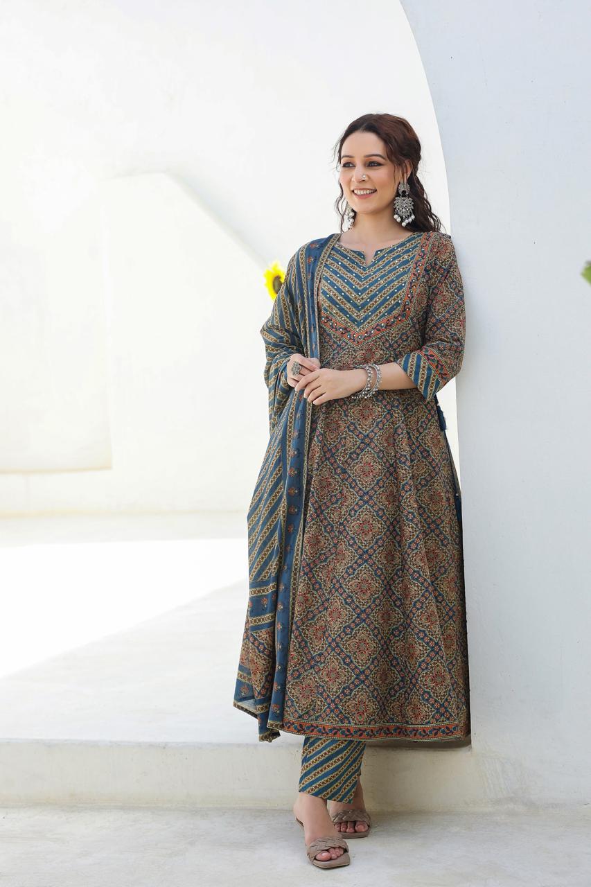 [Ready SG Stock] Earthy Peacock Green Pure Cotton Anarkali 3 Pcs Punjabi Suit with Dupatta [ Indian Dresses ]