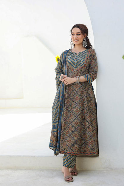 [Ready SG Stock] Earthy Peacock Green Pure Cotton Anarkali 3 Pcs Punjabi Suit with Dupatta [ Indian Dresses ]