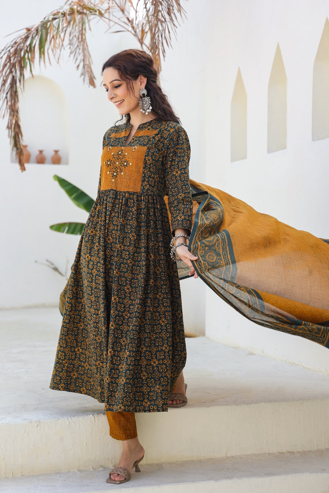 [Ready SG Stock] Trendy Pure Cotton Mustard Anarkali Punjabi 3 Pcs Suit with Dupatta 3 Pcs [ Indian Dresses ]