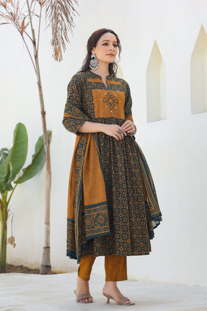 [Ready SG Stock] Trendy Pure Cotton Mustard Anarkali Punjabi 3 Pcs Suit with Dupatta 3 Pcs [ Indian Dresses ]