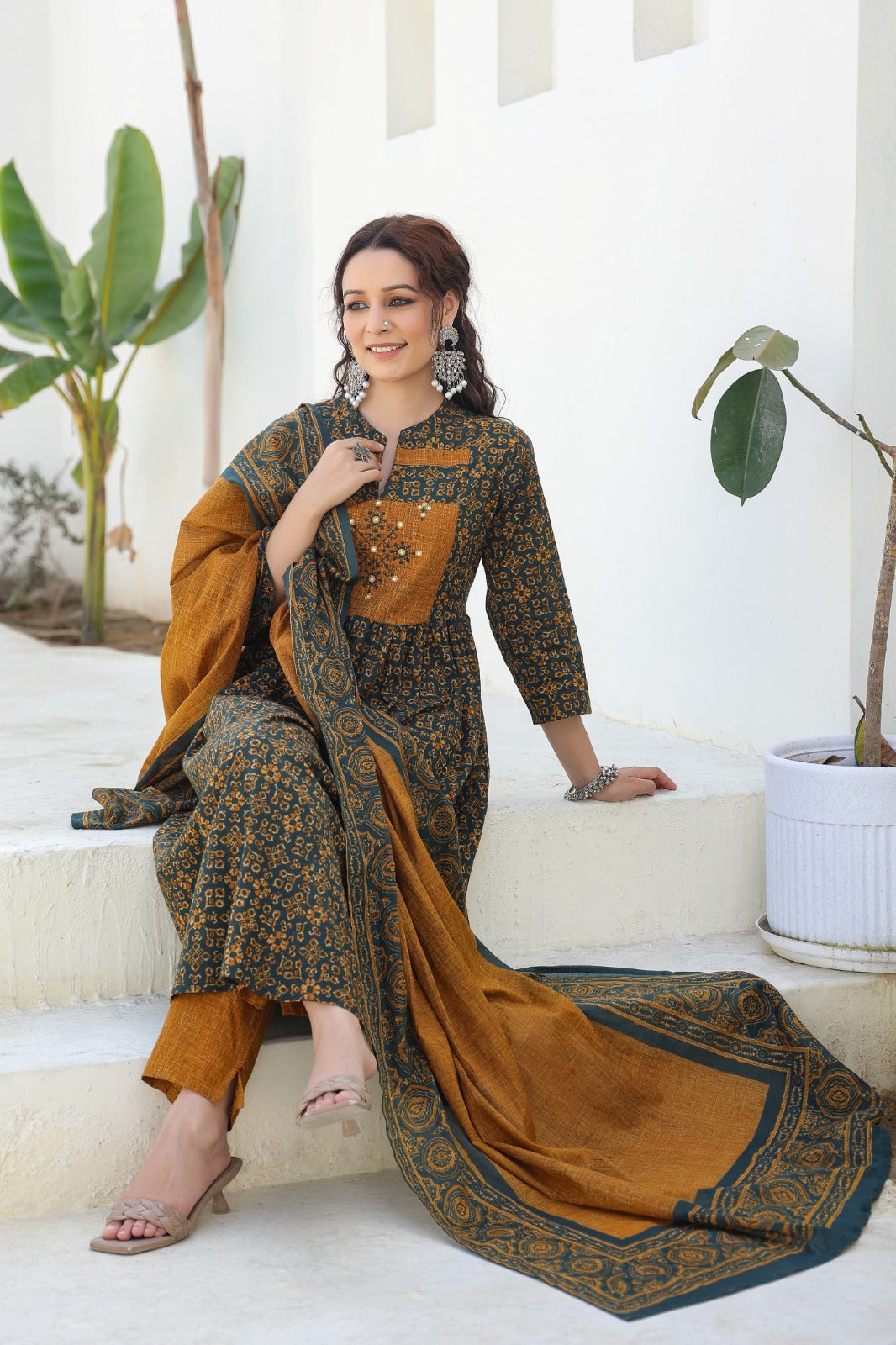 [Ready SG Stock] Trendy Pure Cotton Mustard Anarkali Punjabi 3 Pcs Suit with Dupatta 3 Pcs [ Indian Dresses ]