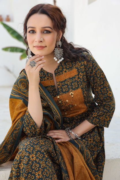 [Ready SG Stock] Trendy Pure Cotton Mustard Anarkali Punjabi 3 Pcs Suit with Dupatta 3 Pcs [ Indian Dresses ]