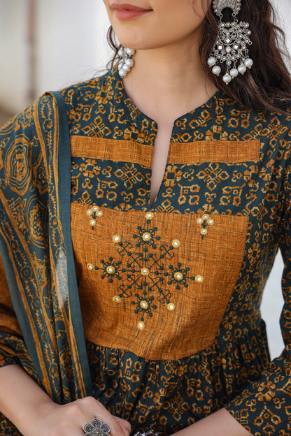 [Ready SG Stock] Trendy Pure Cotton Mustard Anarkali Punjabi 3 Pcs Suit with Dupatta 3 Pcs [ Indian Dresses ]