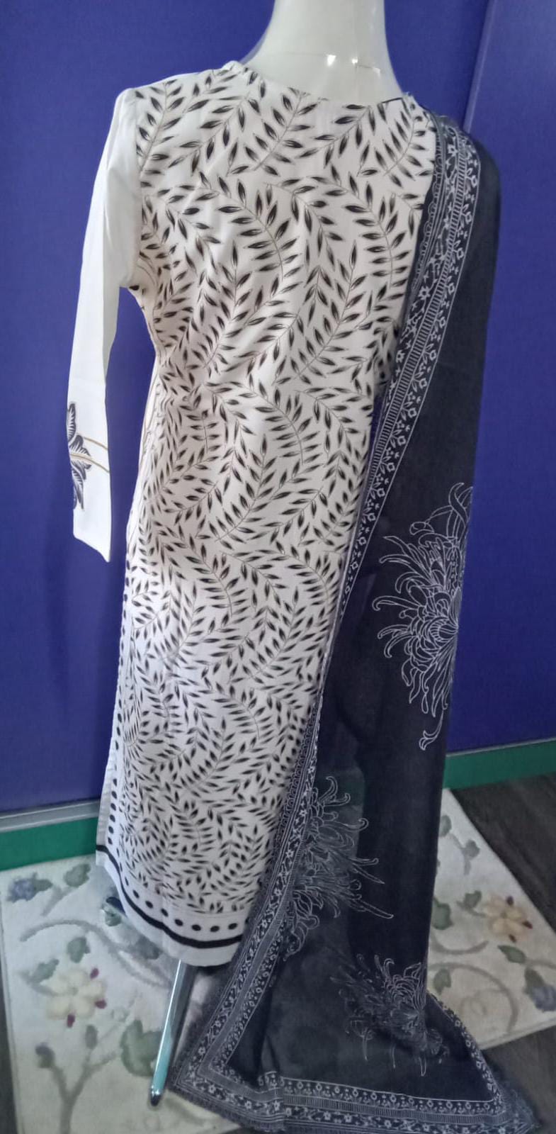 [ Ready SG Stock ] Off-White & Black Placement Printed Soft Cotton Punjabi Suit with Dupatta [ Indian Dresses ]