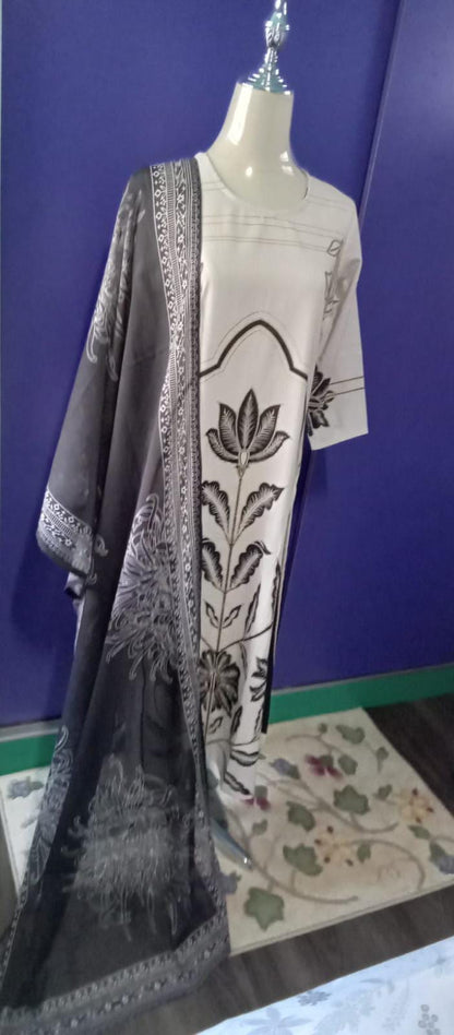 [ Ready SG Stock ] Off-White & Black Placement Printed Soft Cotton Punjabi Suit with Dupatta [ Indian Dresses ]