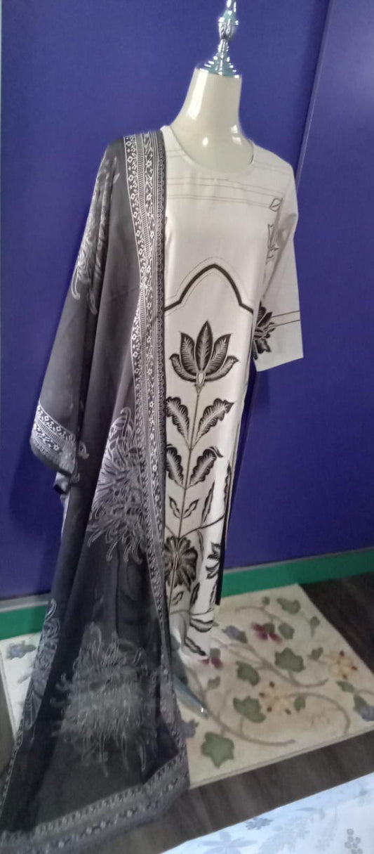 [ Ready SG Stock ] Off-White & Black Placement Printed Soft Cotton Punjabi Suit with Dupatta [ Indian Dresses ]