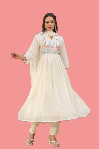[Ready SG Stock] White Embroidered Musline Cotton Anarkali Punjabi Suit  with Linings & Dupatta 3 Pcs [ Indian Dresses ]
