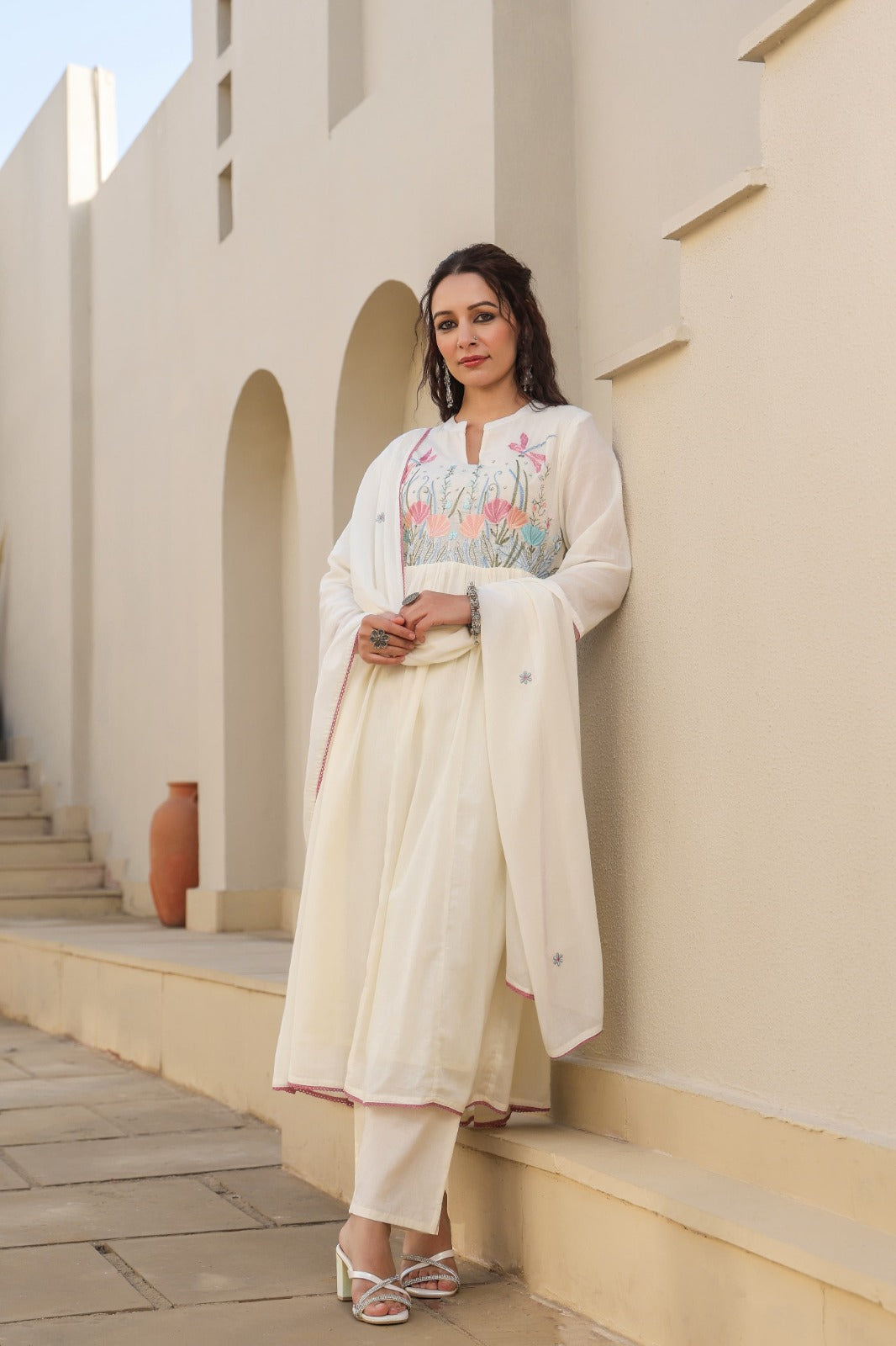[Ready SG Stock] White Embroidered Musline Cotton Anarkali Punjabi Suit  with Linings & Dupatta 3 Pcs [ Indian Dresses ]