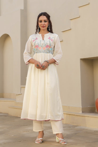 [Ready SG Stock] White Embroidered Musline Cotton Anarkali Punjabi Suit  with Linings & Dupatta 3 Pcs [ Indian Dresses ]