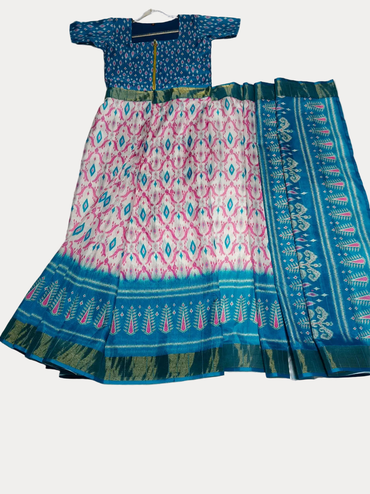 [Ready Stock-Zip & Go Saree]Teal Blue Chanderi Silk Saree with Ready Blouse, Linings