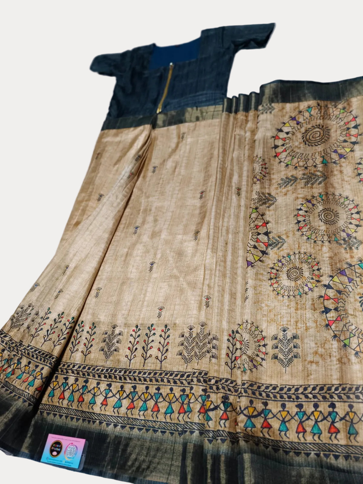 [Ready Stock-Zip & Go Saree]Warli Printed Beige Chanderi Silk Saree with Ready Blouse, Linings