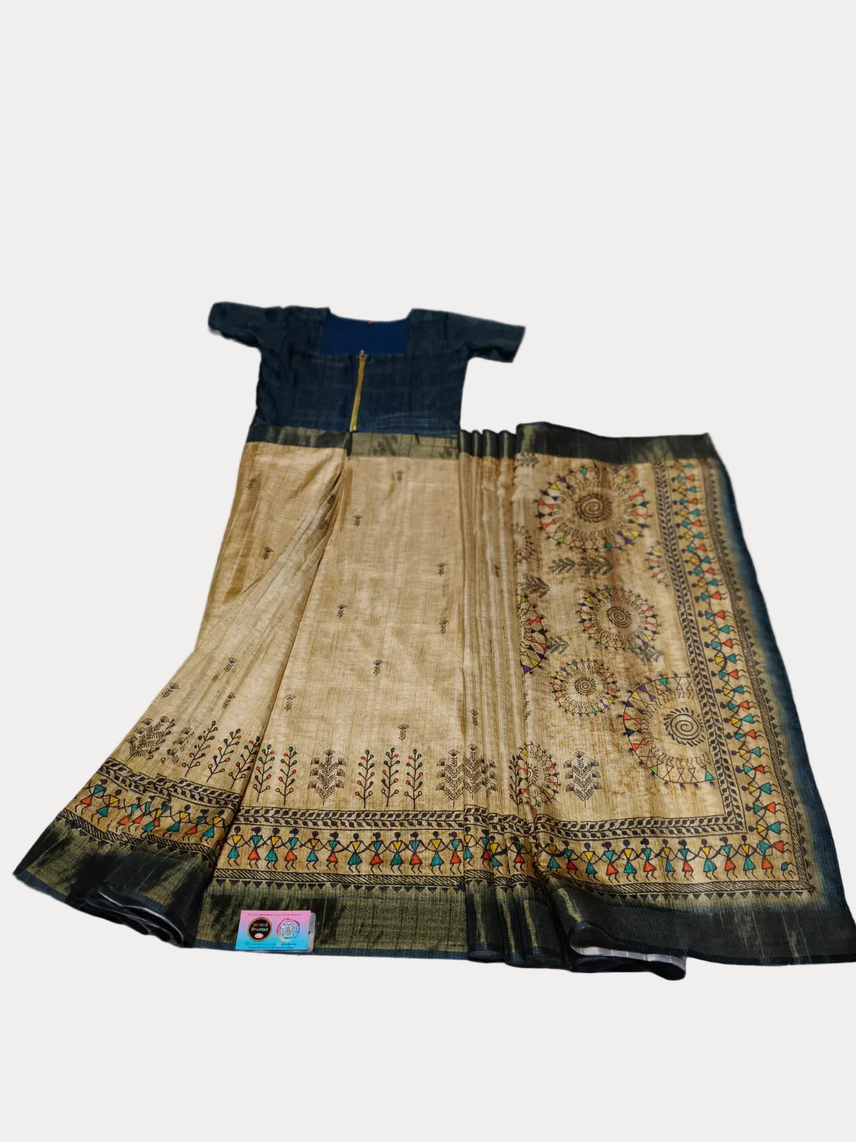 [Ready Stock-Zip & Go Saree]Warli Printed Beige Chanderi Silk Saree with Ready Blouse, Linings