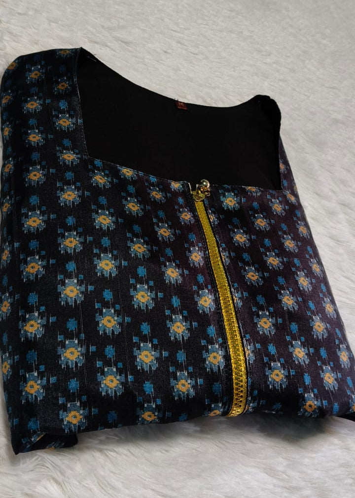 [Ready Stock-Zip & Go Saree]White-Deep Blue Chanderi Silk Saree with Ready Blouse, Linings