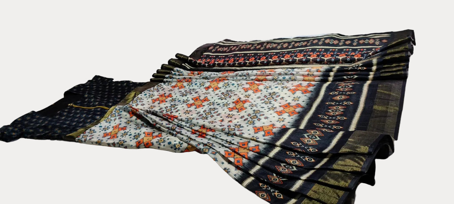 [Ready Stock-Zip & Go Saree]White-Deep Blue Chanderi Silk Saree with Ready Blouse, Linings