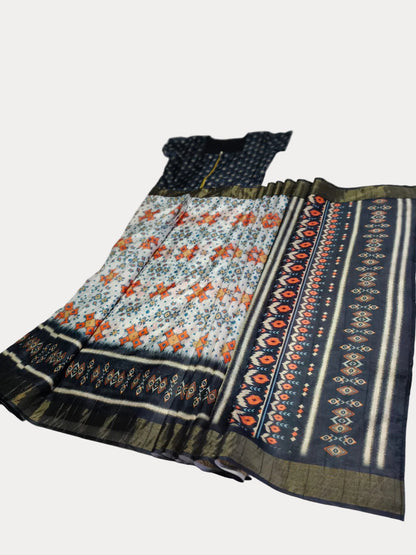 [Ready Stock-Zip & Go Saree]White-Deep Blue Chanderi Silk Saree with Ready Blouse, Linings