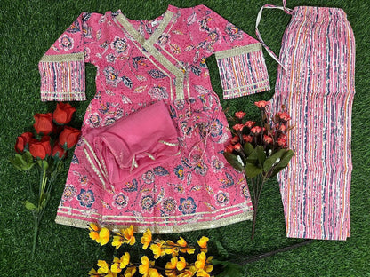 Ready SG Stock- 5 to 12 Yrs Girls Traditional Dress in 2 Colors Pure Soft Cotton Punjabi Suit with stole Dupatta [Traditional Dresses for Girl's]