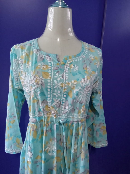 [Ready SG Stock] Real Luckhnowi Hand Embroidered Printed Musline Cotton Only Kurti\ Gown- Indian Dresses