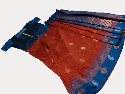 [Ready SG Stock-Zip & Go Saree] Brown Cotton Blend Ethnic Morifs Jari Work Saree with Ready Blouse, Linings