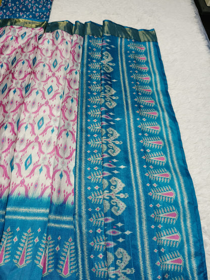 [Ready Stock-Zip & Go Saree]Teal Blue Chanderi Silk Saree with Ready Blouse, Linings