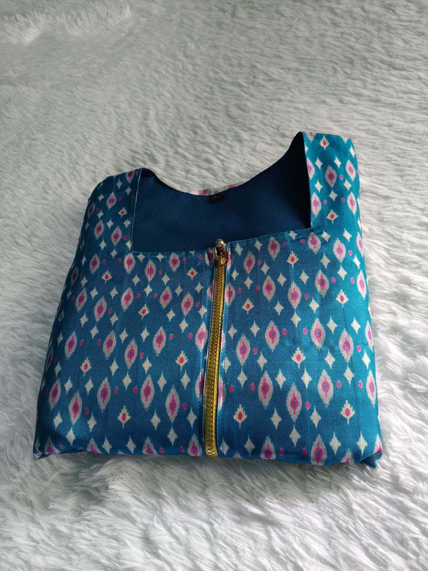 [Ready Stock-Zip & Go Saree]Teal Blue Chanderi Silk Saree with Ready Blouse, Linings