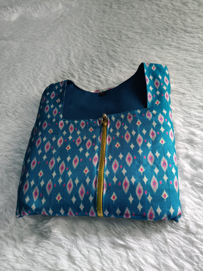 [Ready Stock-Zip & Go Saree]Teal Blue Chanderi Silk Saree with Ready Blouse, Linings