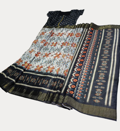 [Ready Stock-Zip & Go Saree]White-Deep Blue Chanderi Silk Saree with Ready Blouse, Linings