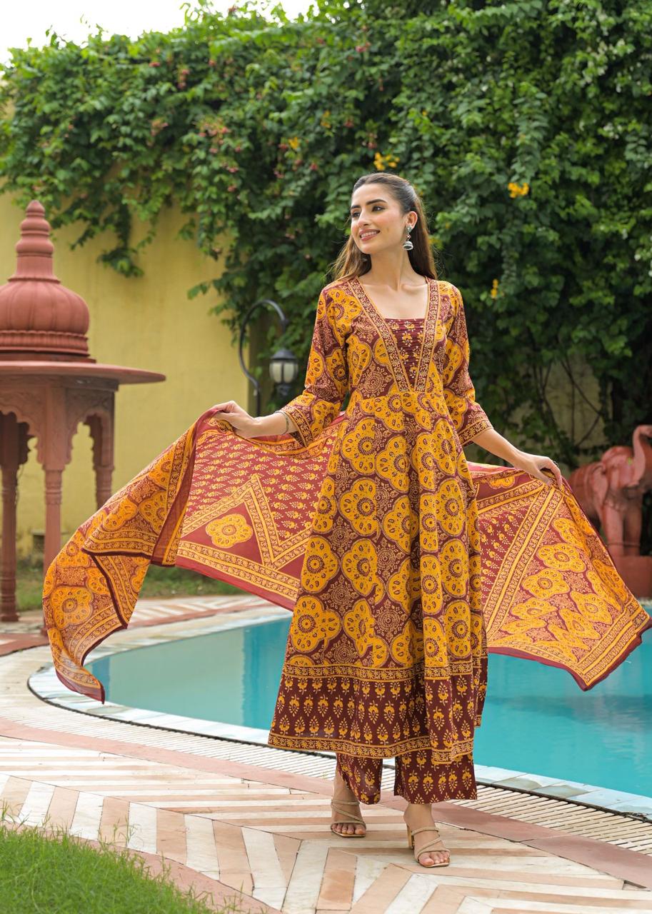 [Ready SG Stock] Mustard Yellow Printed Cotton Anarkali Kurta Pant With Dupatta Set [Indian Dresses]