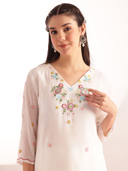 [Ready SG Stock] White Mul-Cotton Blend Soft Floral Embroidered 3 Pcs Punjabi Suit with Linings [Indian Dresses]