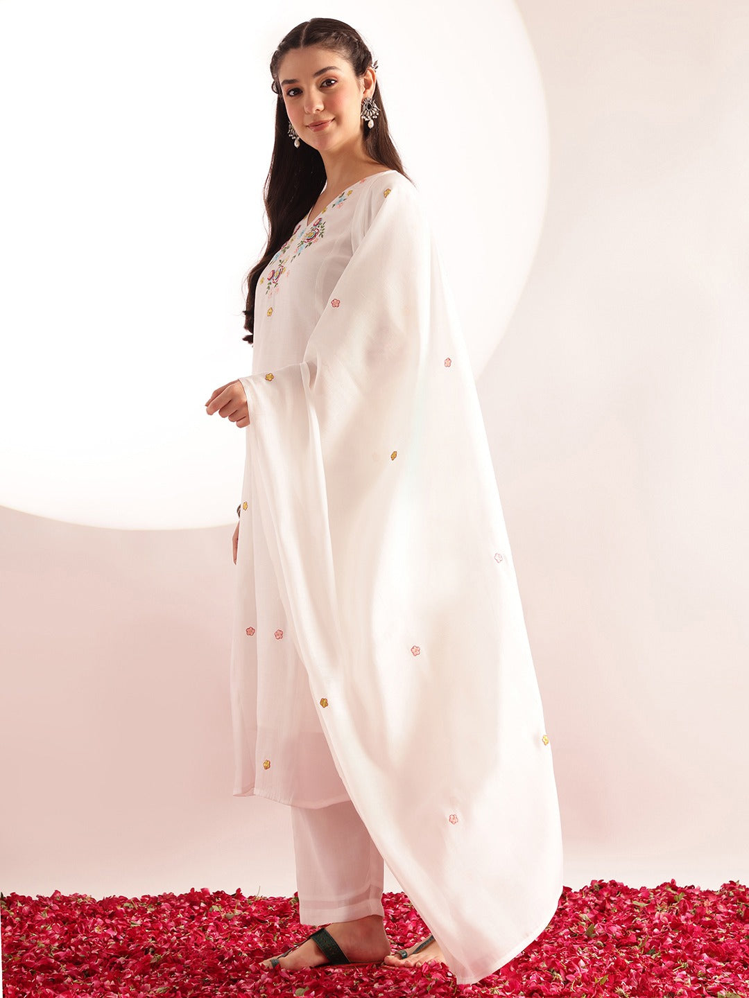 [Ready SG Stock] White Mul-Cotton Blend Soft Floral Embroidered 3 Pcs Punjabi Suit with Linings [Indian Dresses]