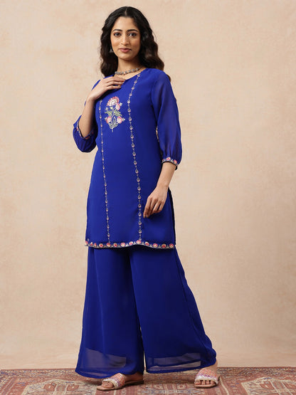 [Ready SG Stock] Royal Blue Subtle Embroidered Georgette Kurta Palazzo / Co-Ord Set with Linings [ Indian Dresses ]