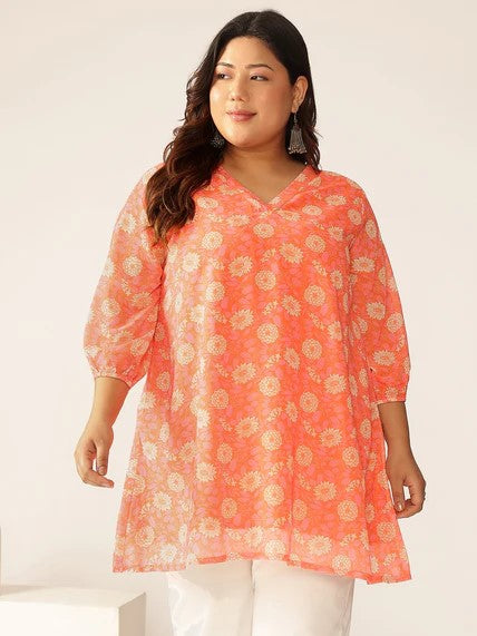 [Ready SG Stock] Plus Size Peach Georgette Floral Printed A-line Tunic [Indian Casual Dresses]