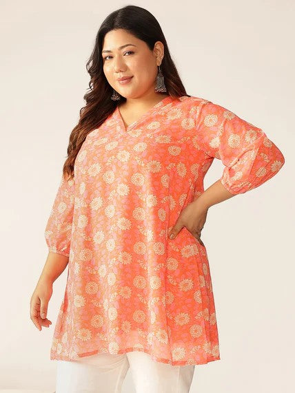 [Ready SG Stock] Plus Size Peach Georgette Floral Printed A-line Tunic [Indian Casual Dresses]