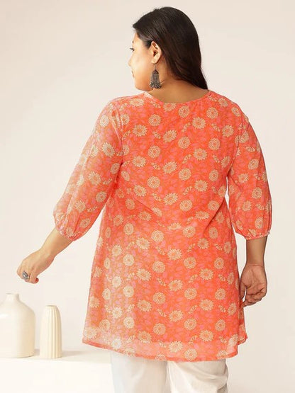 [Ready SG Stock] Plus Size Peach Georgette Floral Printed A-line Tunic [Indian Casual Dresses]