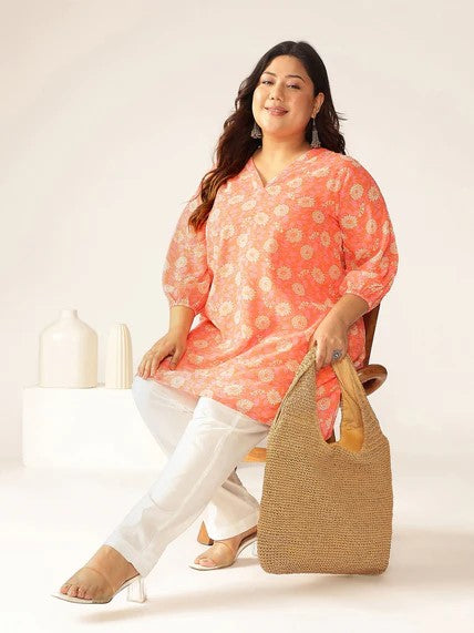 [Ready SG Stock] Plus Size Peach Georgette Floral Printed A-line Tunic [Indian Casual Dresses]
