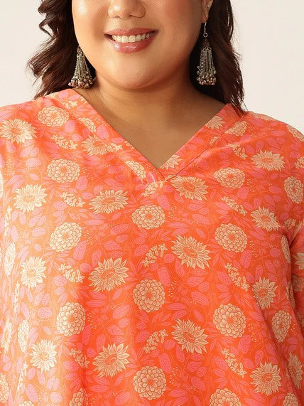 [Ready SG Stock] Plus Size Peach Georgette Floral Printed A-line Tunic [Indian Casual Dresses]